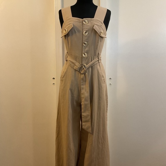 🌹 Khaki Beige Belted Utility Linen Button Down Sleeveless Jumpsuit - Picture 2 of 8